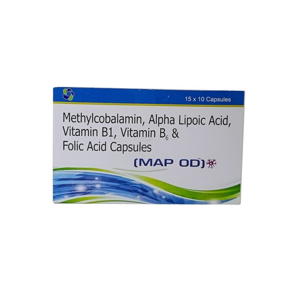 Nurture nerve health with Map-od capsules! A unique blend of Methylcobalamin, Alpha Lipoic Acid, Vitamin B1, B6, and Folic Acid for comprehensive support and overall vitality